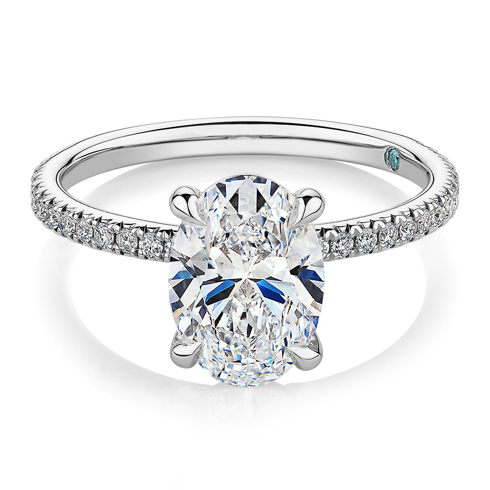 Premium Certified Laboratory Created Diamond, 2.24 carat TW oval and round brilliant shouldered engagement ring in 14 carat white gold