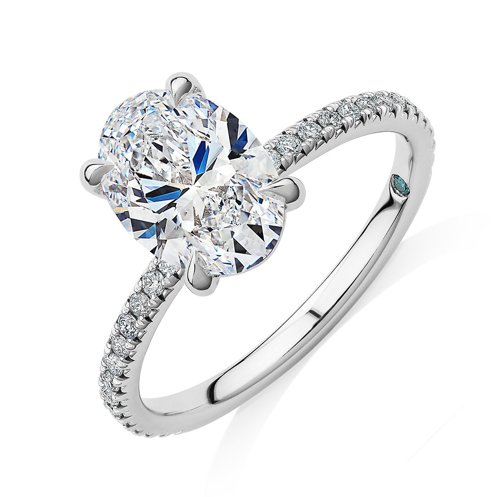 Premium Certified Laboratory Created Diamond, 2.24 carat TW oval and round brilliant shouldered engagement ring in 14 carat white gold