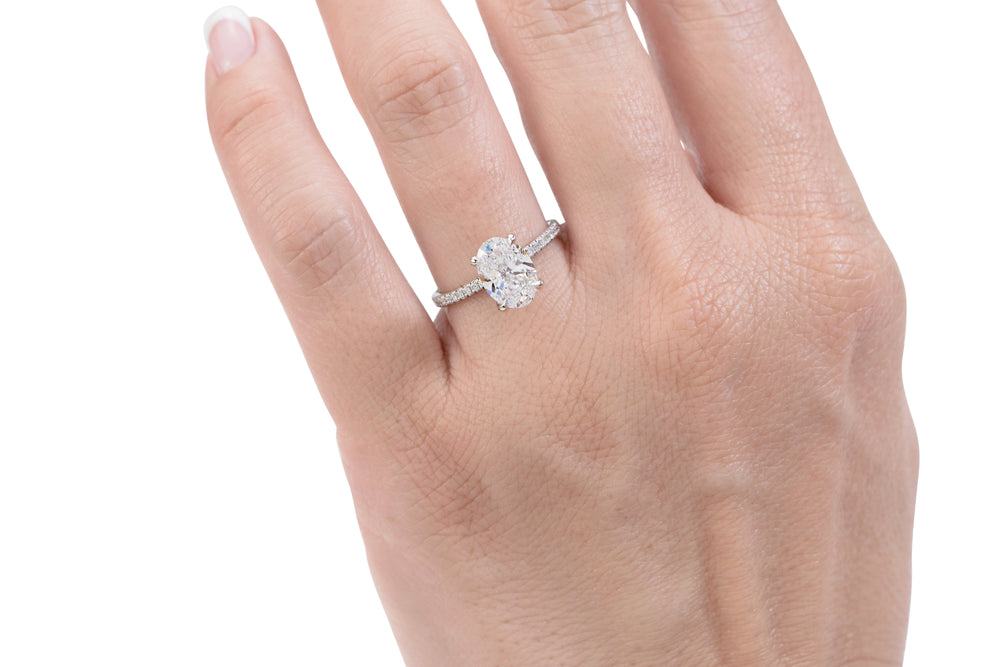 Premium Certified Lab-Grown Diamond, 2.24 carat TW oval and round brilliant shouldered engagement ring in 14 carat white gold