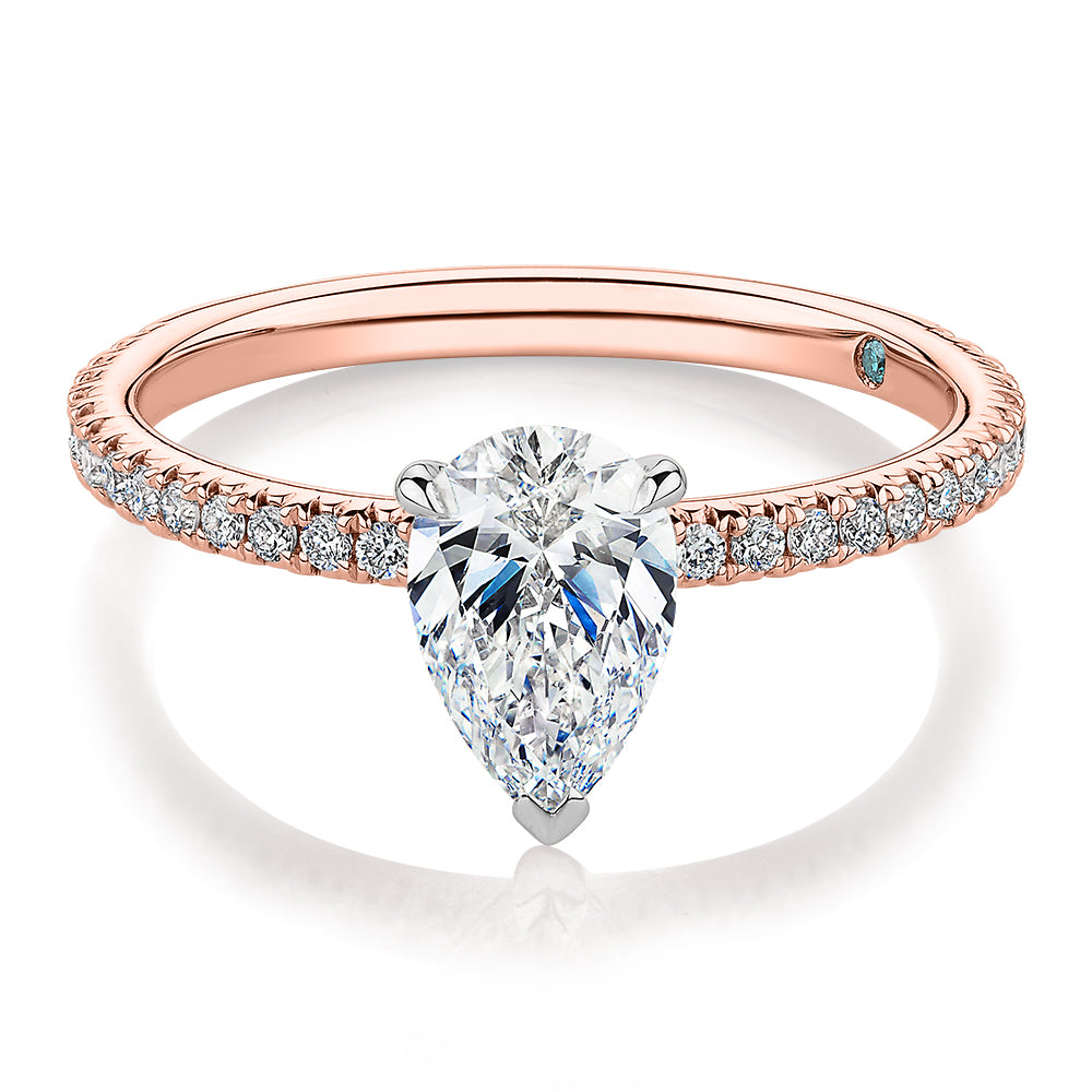 Premium Certified Laboratory Created Diamond, 1.24 carat TW pear and round brilliant shouldered engagement ring in 18 carat rose and white gold