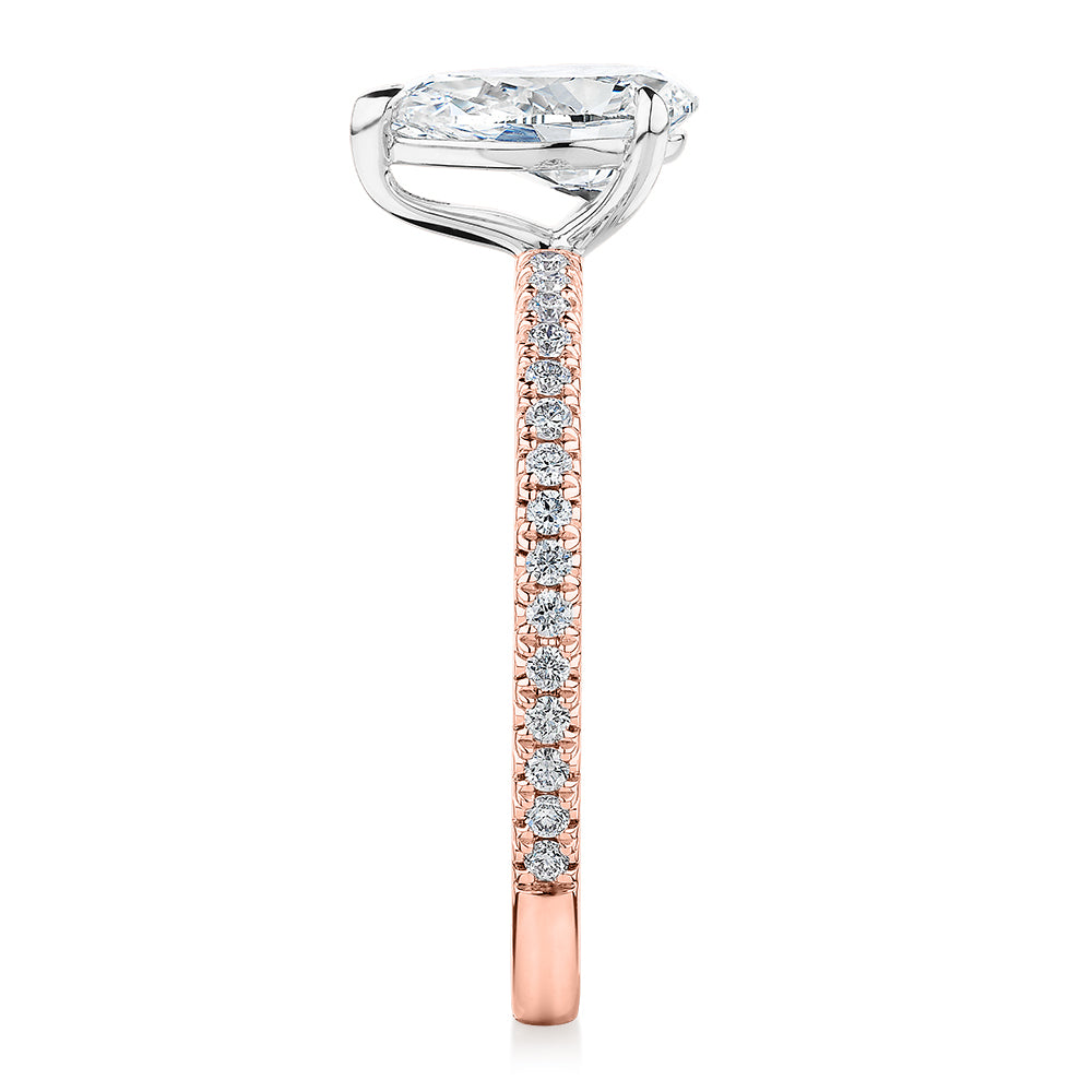 Premium Certified Laboratory Created Diamond, 1.24 carat TW pear and round brilliant shouldered engagement ring in 18 carat rose and white gold