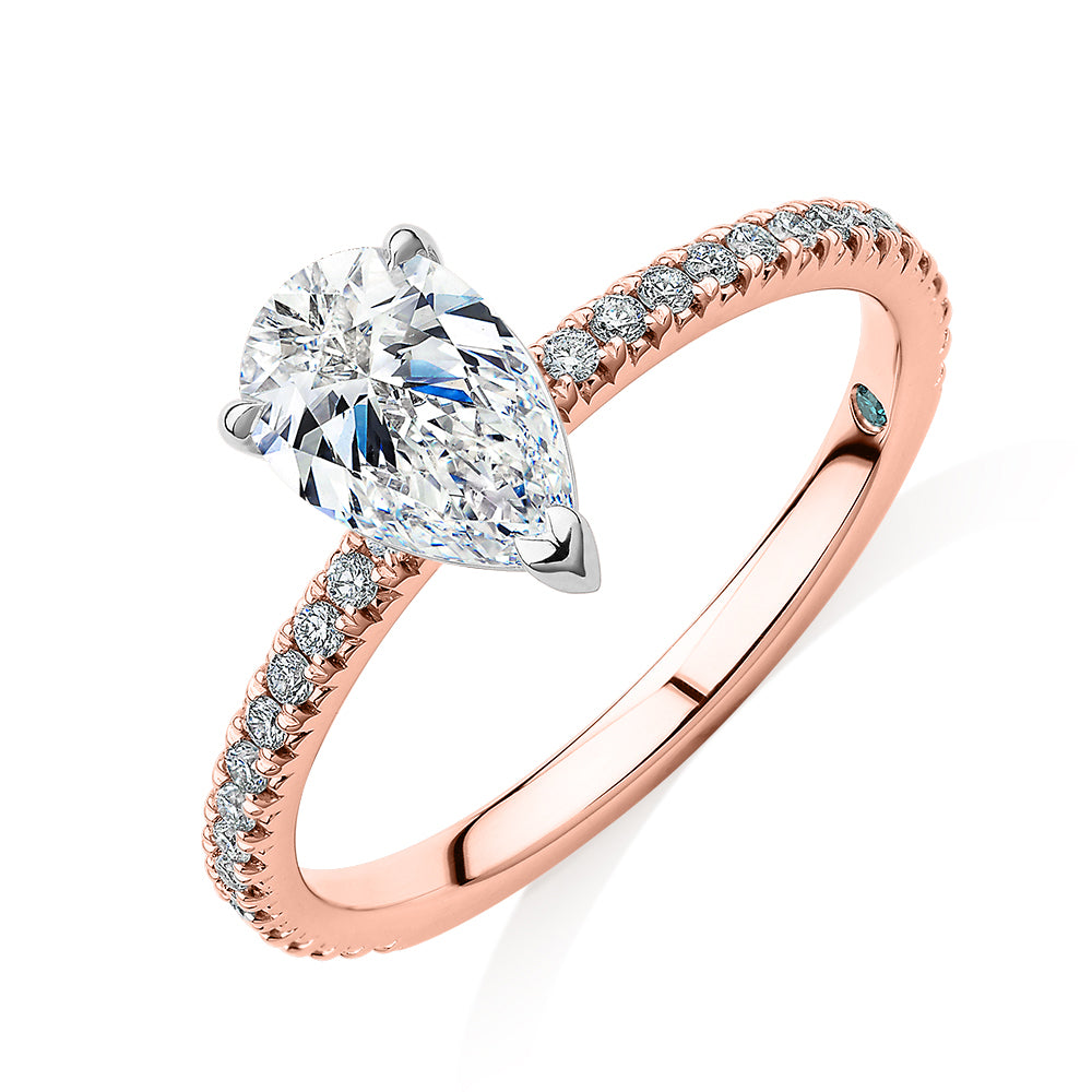 Premium Certified Laboratory Created Diamond, 1.24 carat TW pear and round brilliant shouldered engagement ring in 18 carat rose and white gold