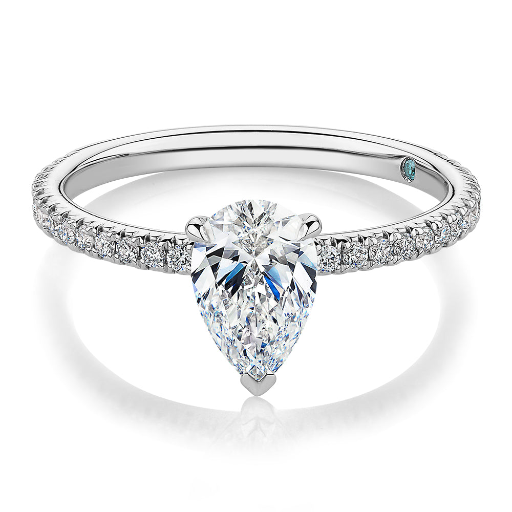 Premium Certified Laboratory Created Diamond, 1.24 carat TW pear and round brilliant shouldered engagement ring in 14 carat white gold