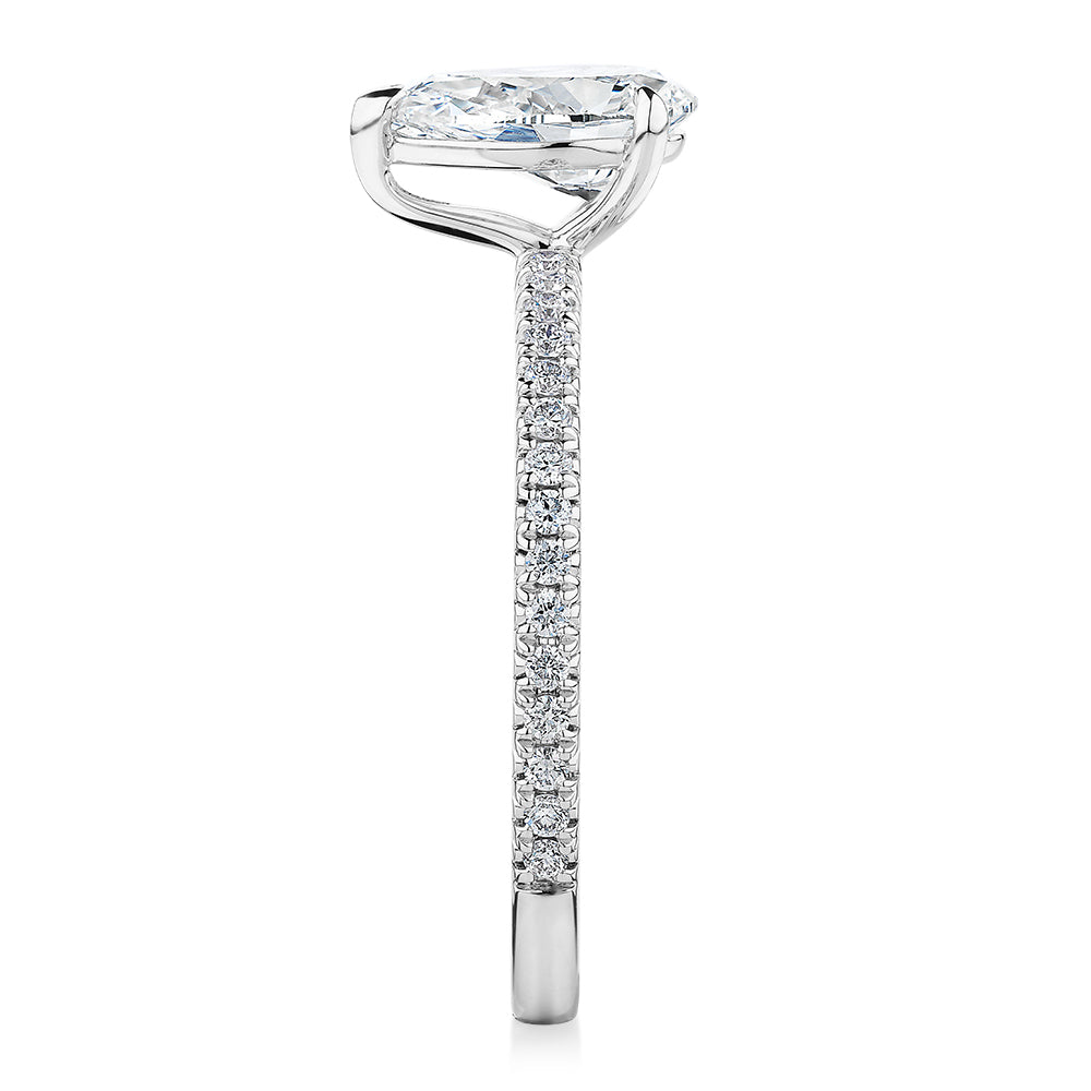 Premium Certified Laboratory Created Diamond, 1.24 carat TW pear and round brilliant shouldered engagement ring in 18 carat white gold