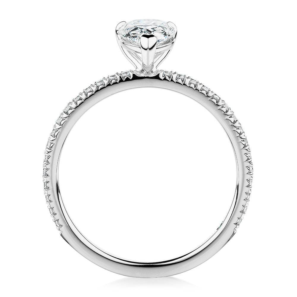 Premium Certified Laboratory Created Diamond, 1.24 carat TW pear and round brilliant shouldered engagement ring in 18 carat white gold