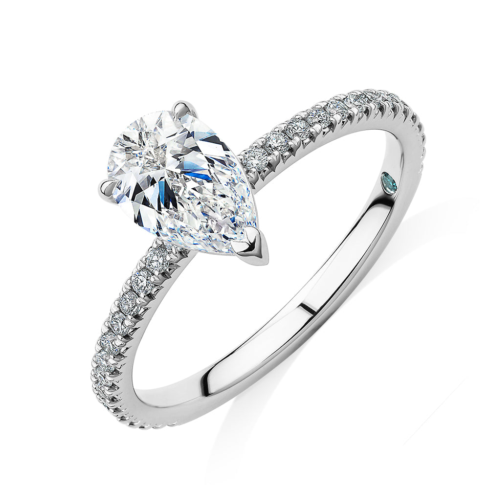 Premium Certified Laboratory Created Diamond, 1.24 carat TW pear and round brilliant shouldered engagement ring in 18 carat white gold