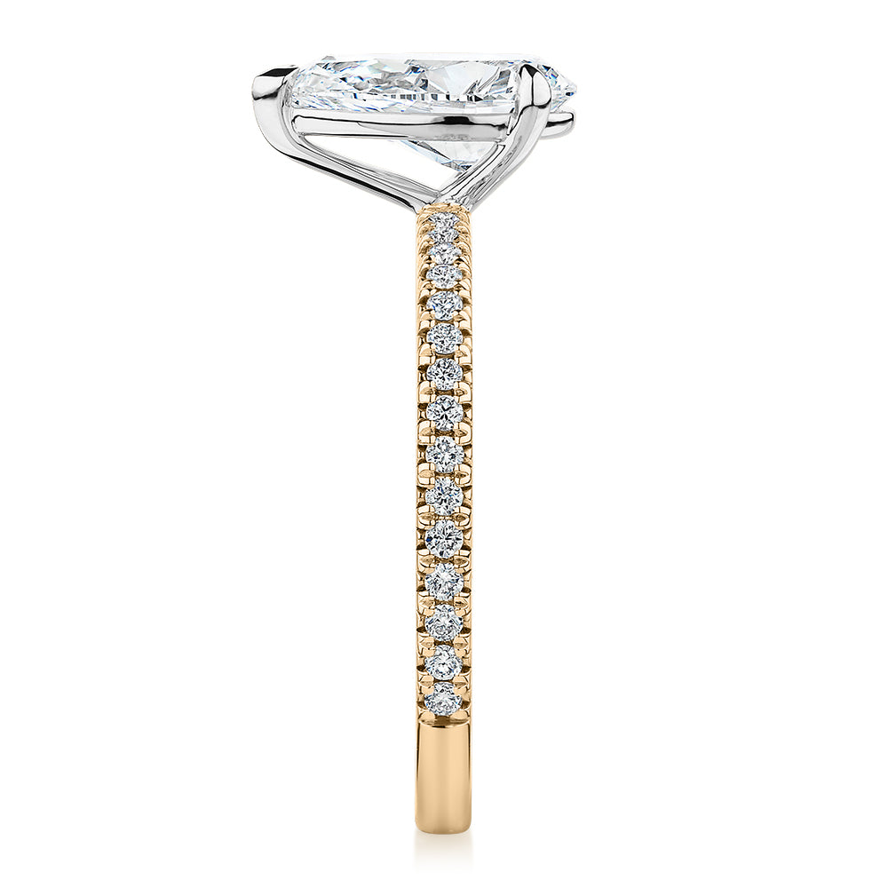 Premium Certified Laboratory Created Diamond, 1.74 carat TW pear and round brilliant shouldered engagement ring in 18 carat yellow and white gold