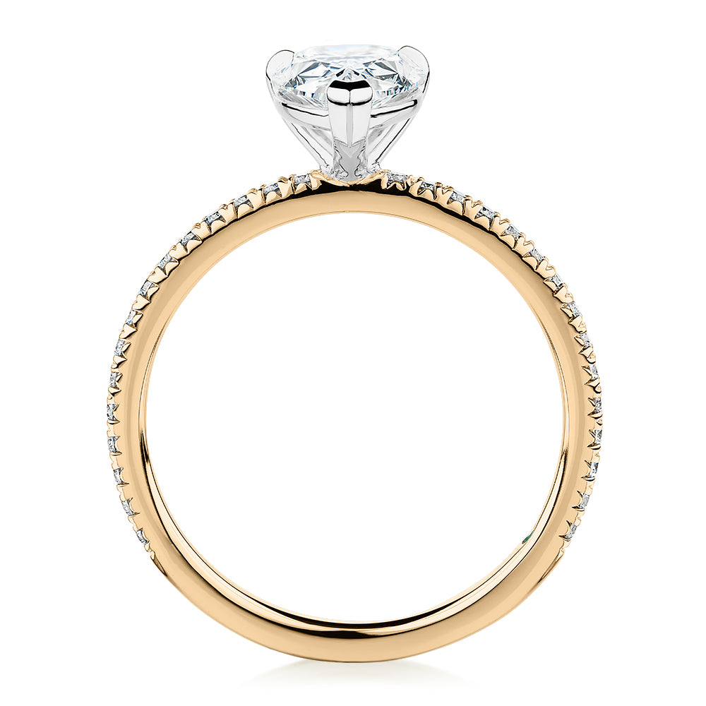 Premium Certified Laboratory Created Diamond, 1.74 carat TW pear and round brilliant shouldered engagement ring in 18 carat yellow and white gold