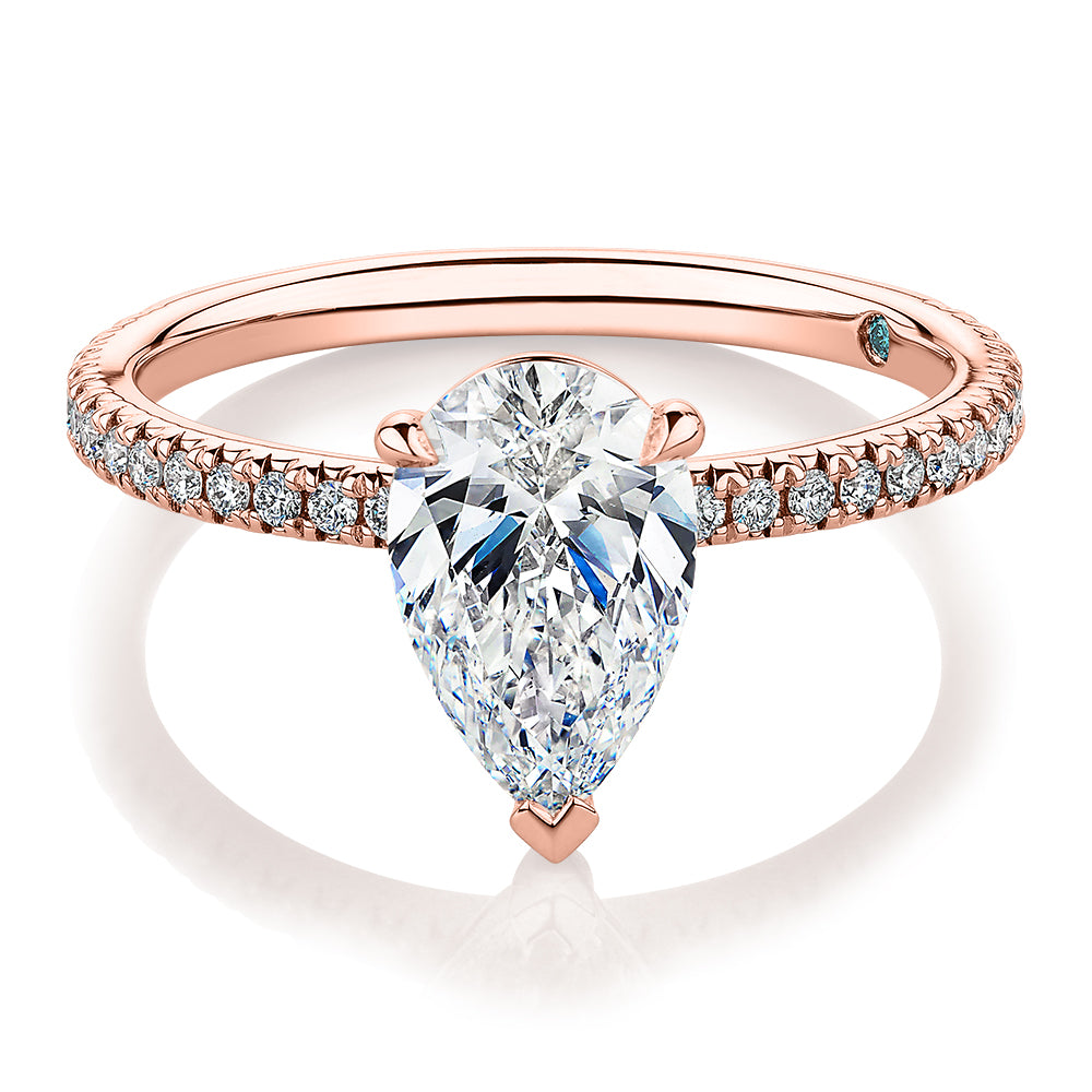 Premium Certified Lab-Grown Diamond, 1.74 carat TW pear and round brilliant shouldered engagement ring in 14 carat rose gold