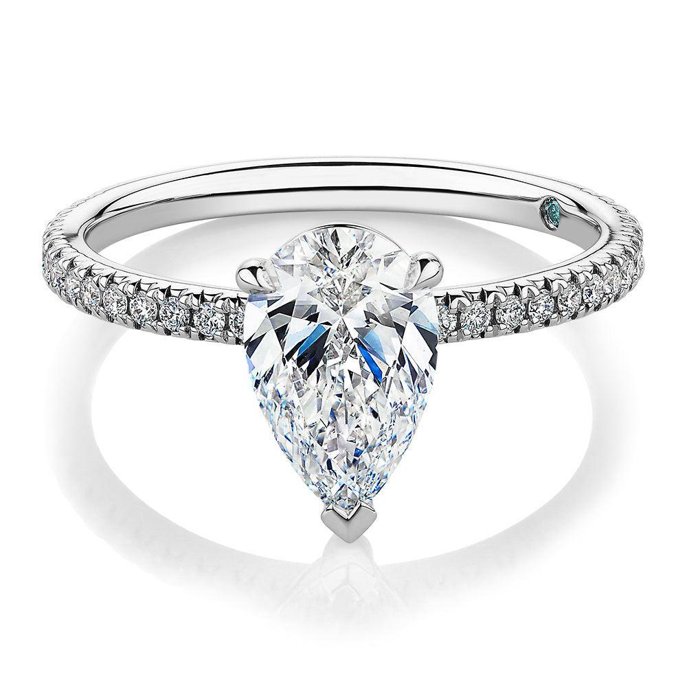 Premium Certified Laboratory Created Diamond, 1.74 carat TW pear and round brilliant shouldered engagement ring in 14 carat white gold