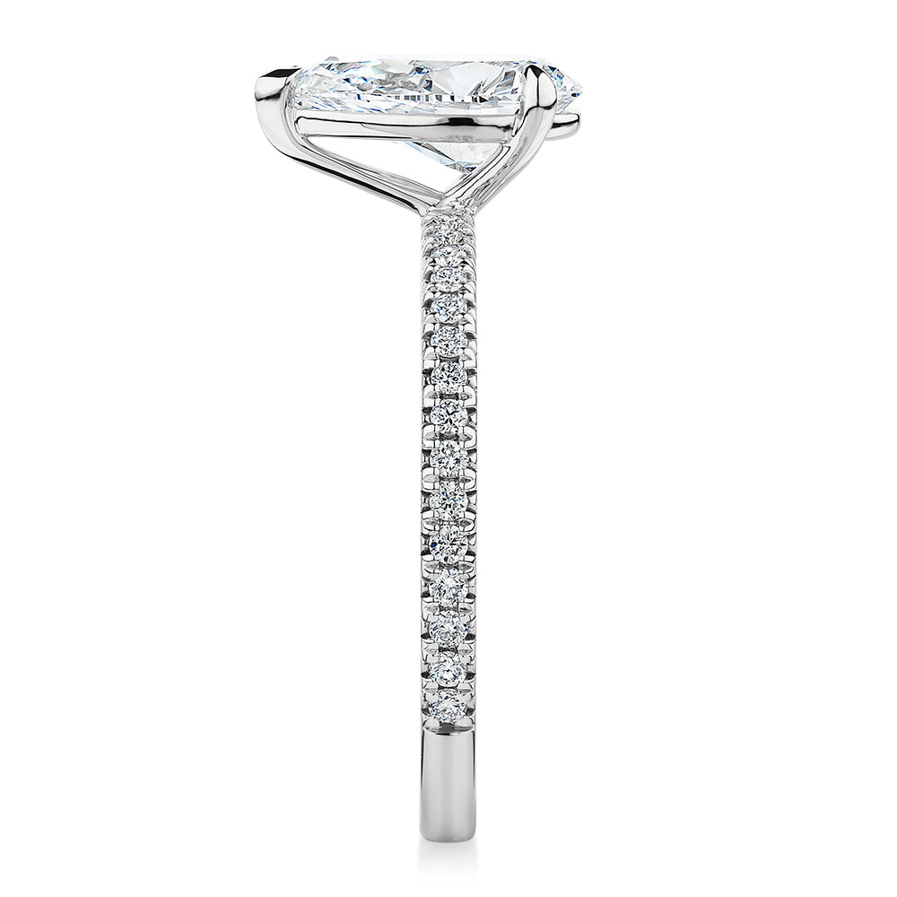 Premium Certified Laboratory Created Diamond, 1.74 carat TW pear and round brilliant shouldered engagement ring in 14 carat white gold