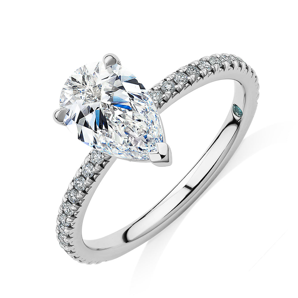 Premium Certified Laboratory Created Diamond, 1.74 carat TW pear and round brilliant shouldered engagement ring in 14 carat white gold