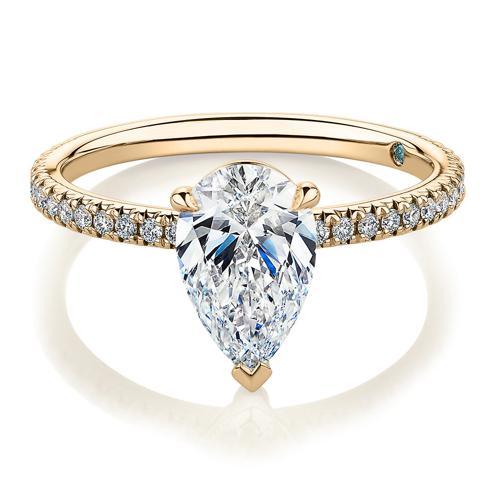Premium Certified Laboratory Created Diamond, 1.74 carat TW pear and round brilliant shouldered engagement ring in 18 carat yellow gold