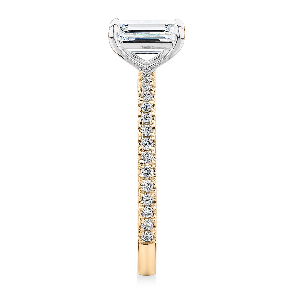 Premium Certified Lab-Grown Diamond, 1.24 carat TW emerald cut and round brilliant shouldered engagement ring in 14 carat yellow and white gold