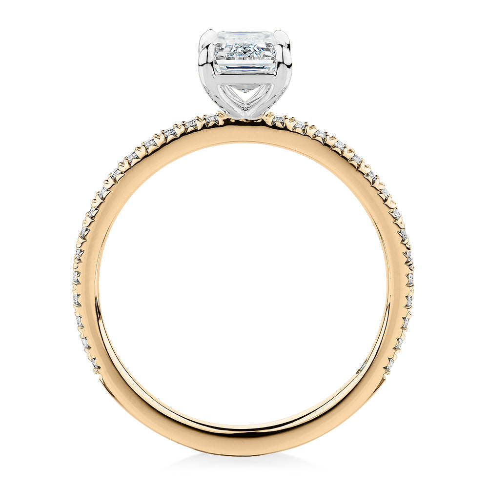Premium Certified Laboratory Created Diamond, 1.24 carat TW emerald cut and round brilliant shouldered engagement ring in 18 carat yellow and white gold