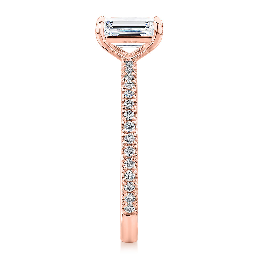 Premium Certified Laboratory Created Diamond, 1.24 carat TW emerald cut and round brilliant shouldered engagement ring in 18 carat rose gold