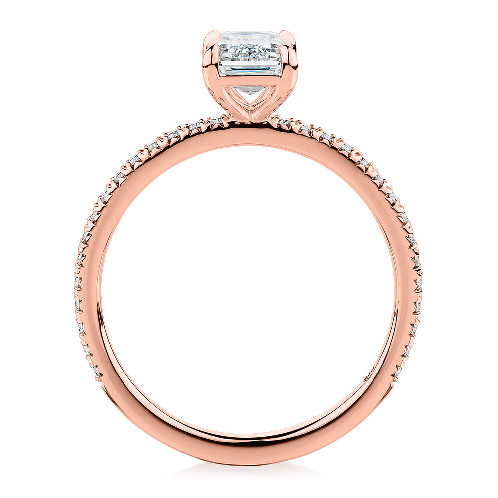 Premium Certified Laboratory Created Diamond, 1.24 carat TW emerald cut and round brilliant shouldered engagement ring in 18 carat rose gold