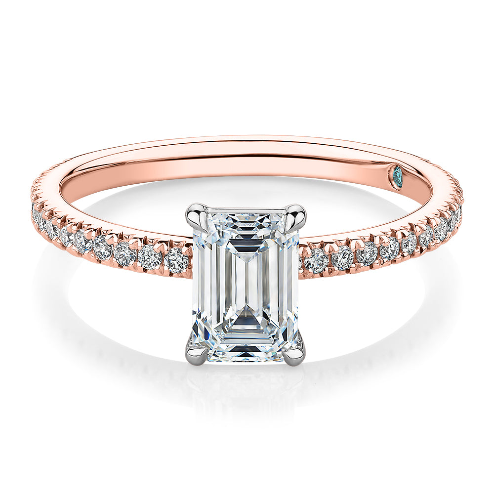 Premium Certified Laboratory Created Diamond, 1.24 carat TW emerald cut and round brilliant shouldered engagement ring in 18 carat rose and white gold