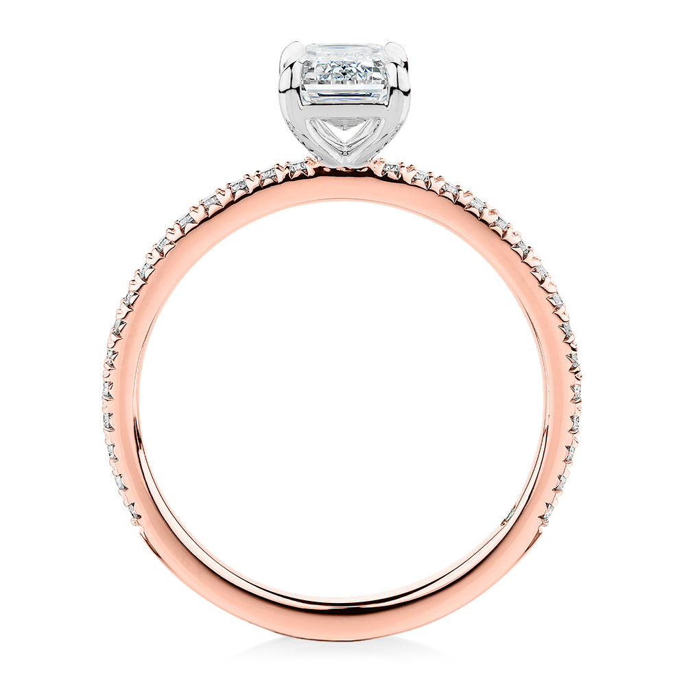 Premium Certified Laboratory Created Diamond, 1.24 carat TW emerald cut and round brilliant shouldered engagement ring in 18 carat rose and white gold