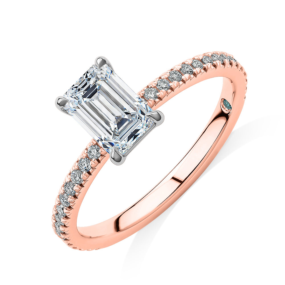 Premium Certified Laboratory Created Diamond, 1.24 carat TW emerald cut and round brilliant shouldered engagement ring in 18 carat rose and white gold