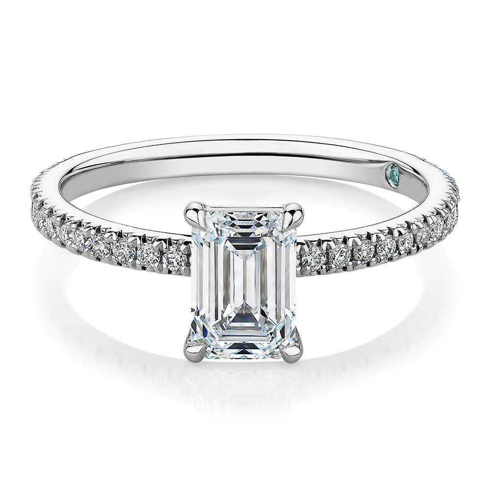 Premium Certified Lab-Grown Diamond, 1.24 carat TW emerald cut and round brilliant shouldered engagement ring in 14 carat white gold