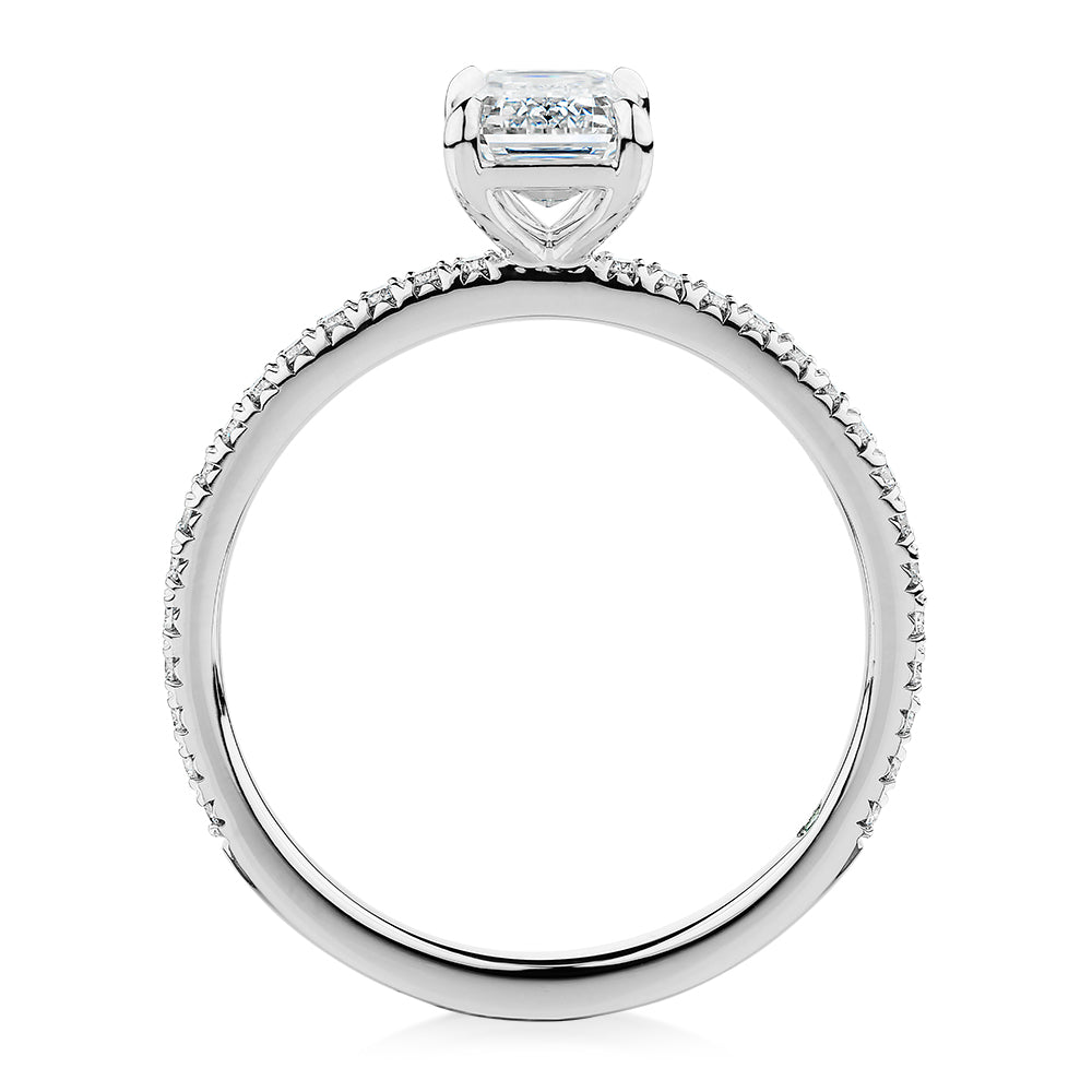 Premium Certified Lab-Grown Diamond, 1.24 carat TW emerald cut and round brilliant shouldered engagement ring in 14 carat white gold