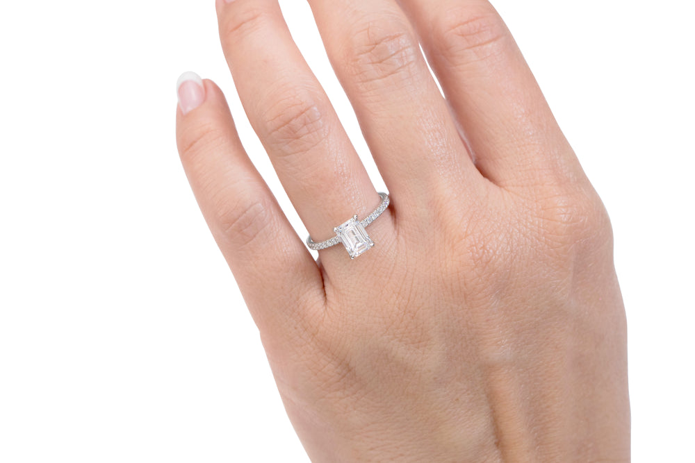 Premium Certified Lab-Grown Diamond, 1.24 carat TW emerald cut and round brilliant shouldered engagement ring in 14 carat white gold