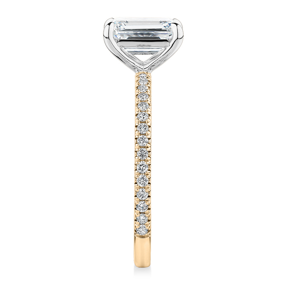 Premium Certified Laboratory Created Diamond, 1.74 carat TW emerald cut and round brilliant shouldered engagement ring in 18 carat yellow and white gold