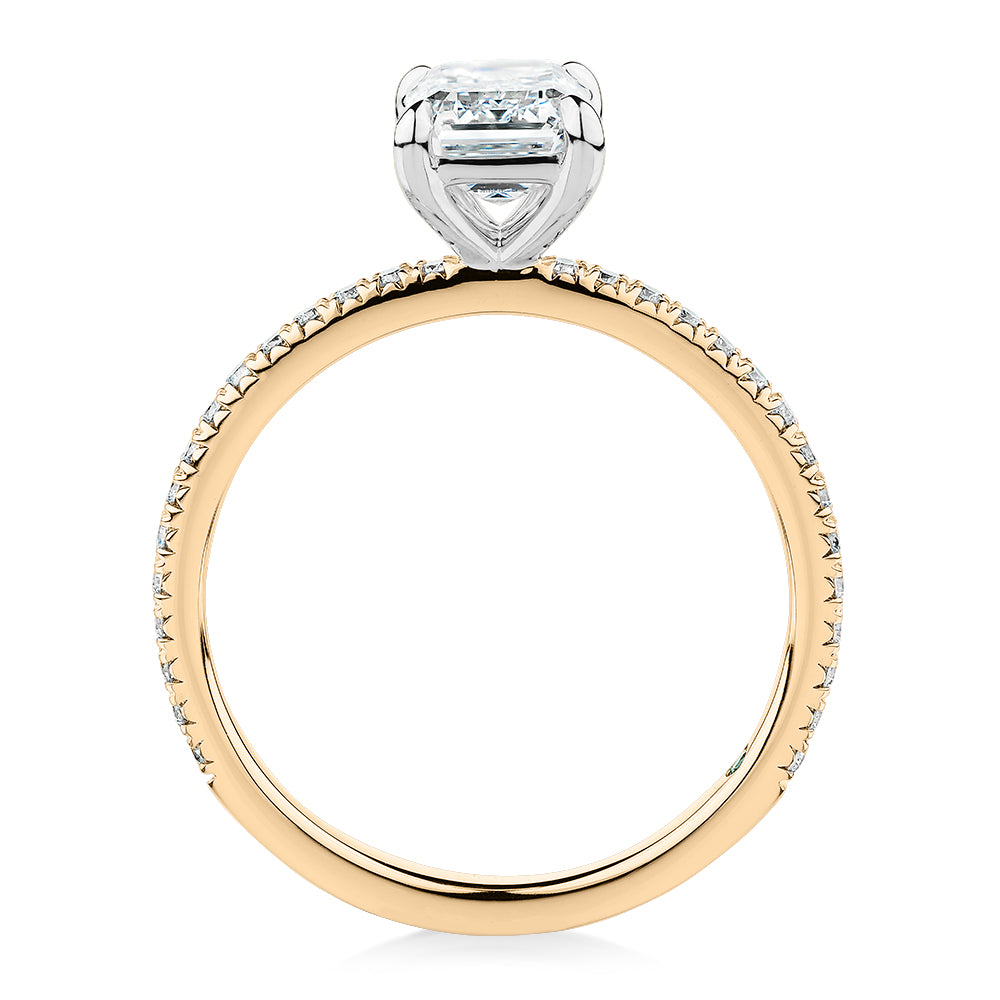 Premium Certified Laboratory Created Diamond, 1.74 carat TW emerald cut and round brilliant shouldered engagement ring in 18 carat yellow and white gold