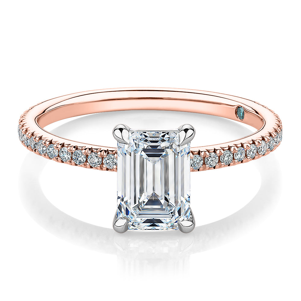 Premium Certified Laboratory Created Diamond, 1.74 carat TW emerald cut and round brilliant shouldered engagement ring in 18 carat rose and white gold