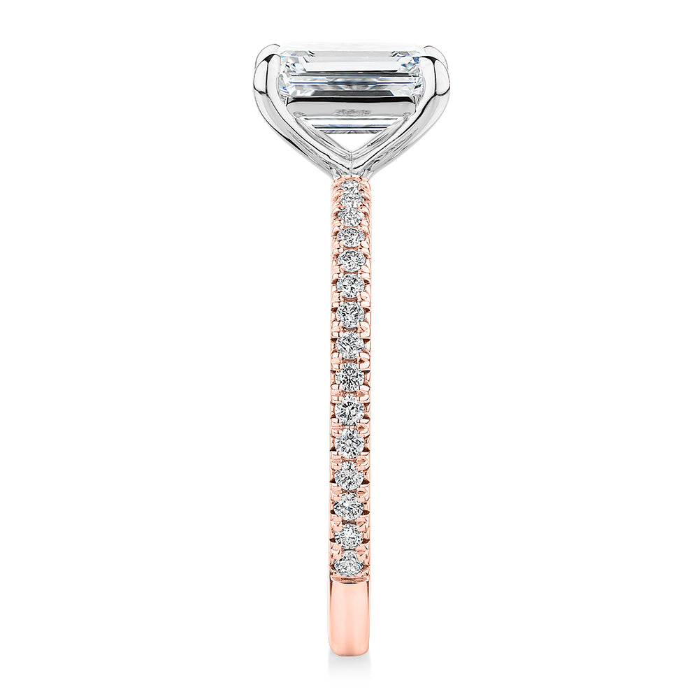 Premium Certified Laboratory Created Diamond, 1.74 carat TW emerald cut and round brilliant shouldered engagement ring in 18 carat rose and white gold