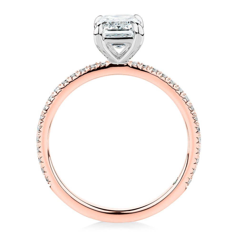Premium Certified Laboratory Created Diamond, 1.74 carat TW emerald cut and round brilliant shouldered engagement ring in 18 carat rose and white gold