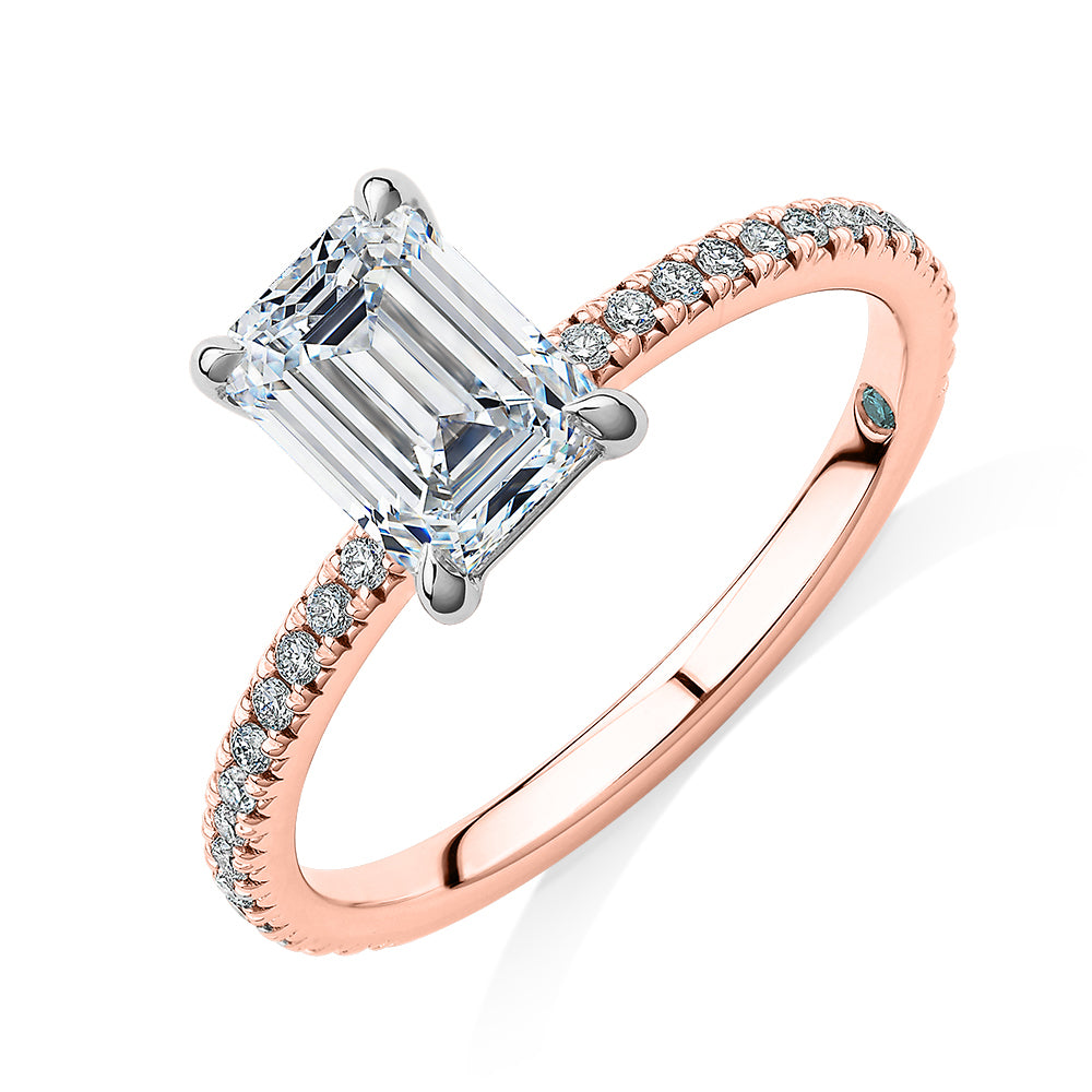 Premium Certified Laboratory Created Diamond, 1.74 carat TW emerald cut and round brilliant shouldered engagement ring in 18 carat rose and white gold