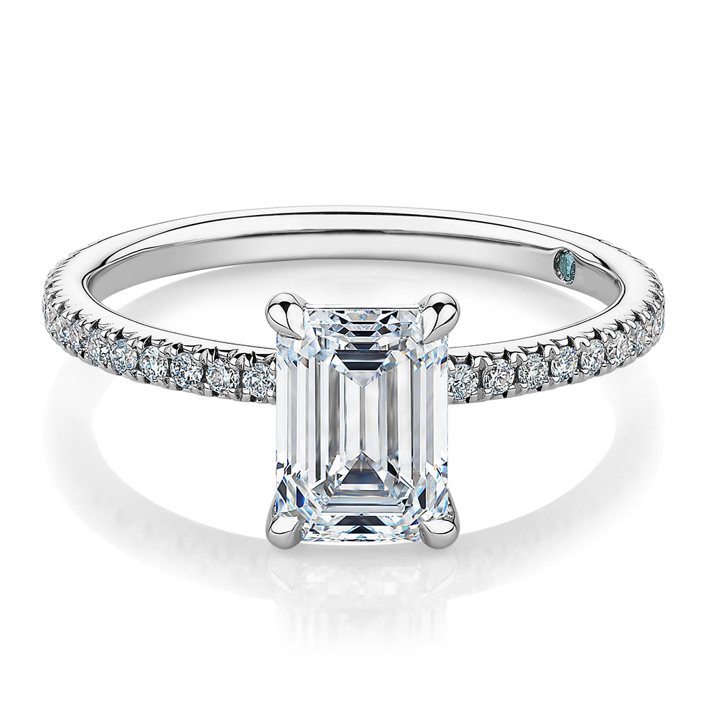 Premium Certified Lab-Grown Diamond, 1.74 carat TW emerald cut and round brilliant shouldered engagement ring in platinum