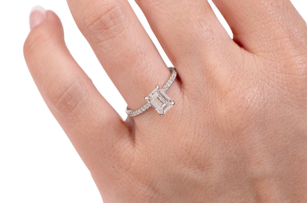Signature Simulant Diamond 1.74 carat* TW emerald cut and round brilliant shouldered engagement ring in 14 carat white gold