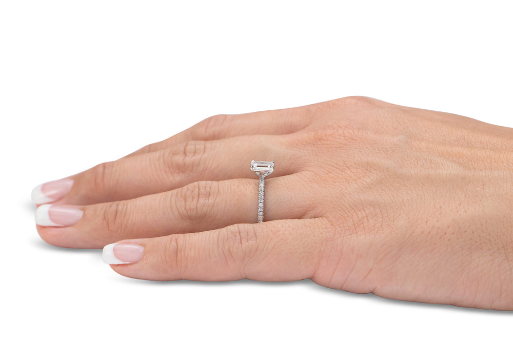 Signature Simulant Diamond 1.74 carat* TW emerald cut and round brilliant shouldered engagement ring in 14 carat white gold