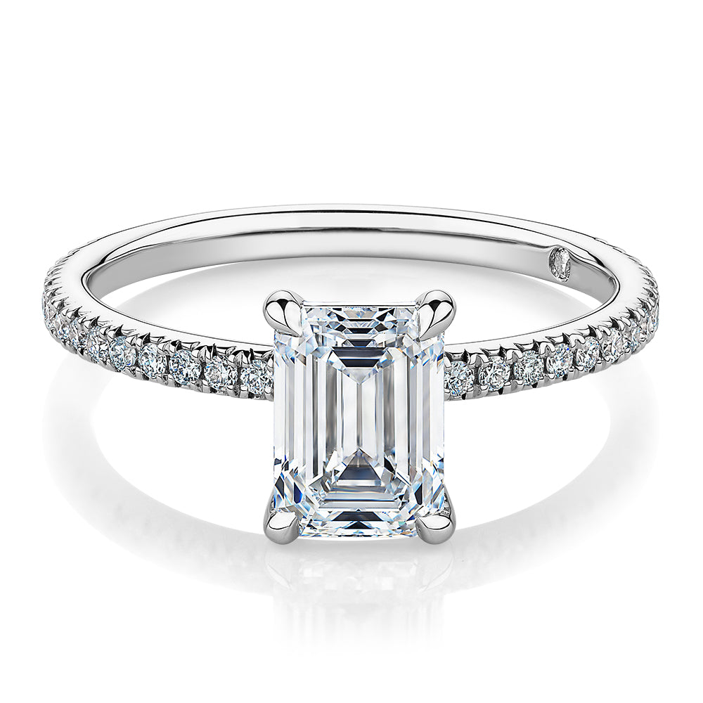 Signature Simulant Diamond 1.74 carat* TW emerald cut and round brilliant shouldered engagement ring in 14 carat white gold
