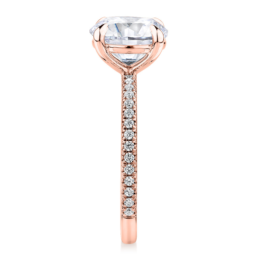 Premium Certified Lab-Grown Diamond, 3.24 carat TW round brilliant shouldered engagement ring in 14 carat rose gold