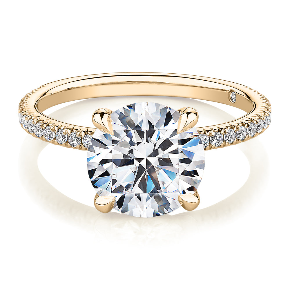 Signature Simulant Diamond 3.24 carat* TW round brilliant shouldered engagement ring in 14 carat yellow gold
