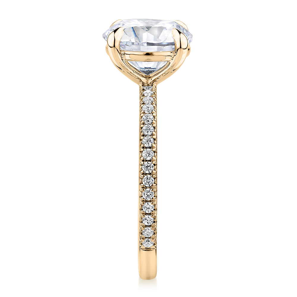 Signature Simulant Diamond 3.24 carat* TW round brilliant shouldered engagement ring in 14 carat yellow gold
