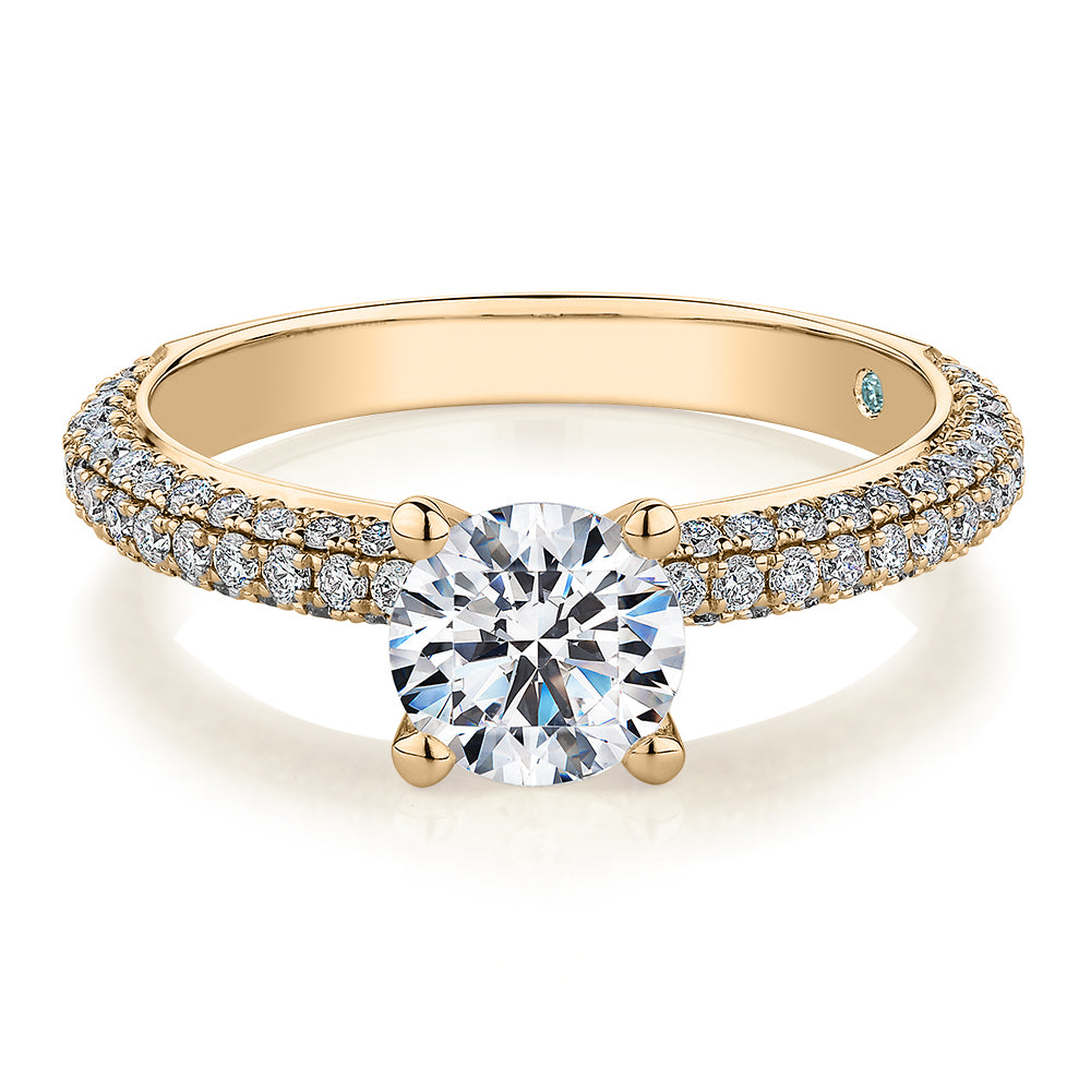 Premium Certified Lab-Grown Diamond, 1.61 carat TW round brilliant shouldered engagement ring in 14 carat yellow gold