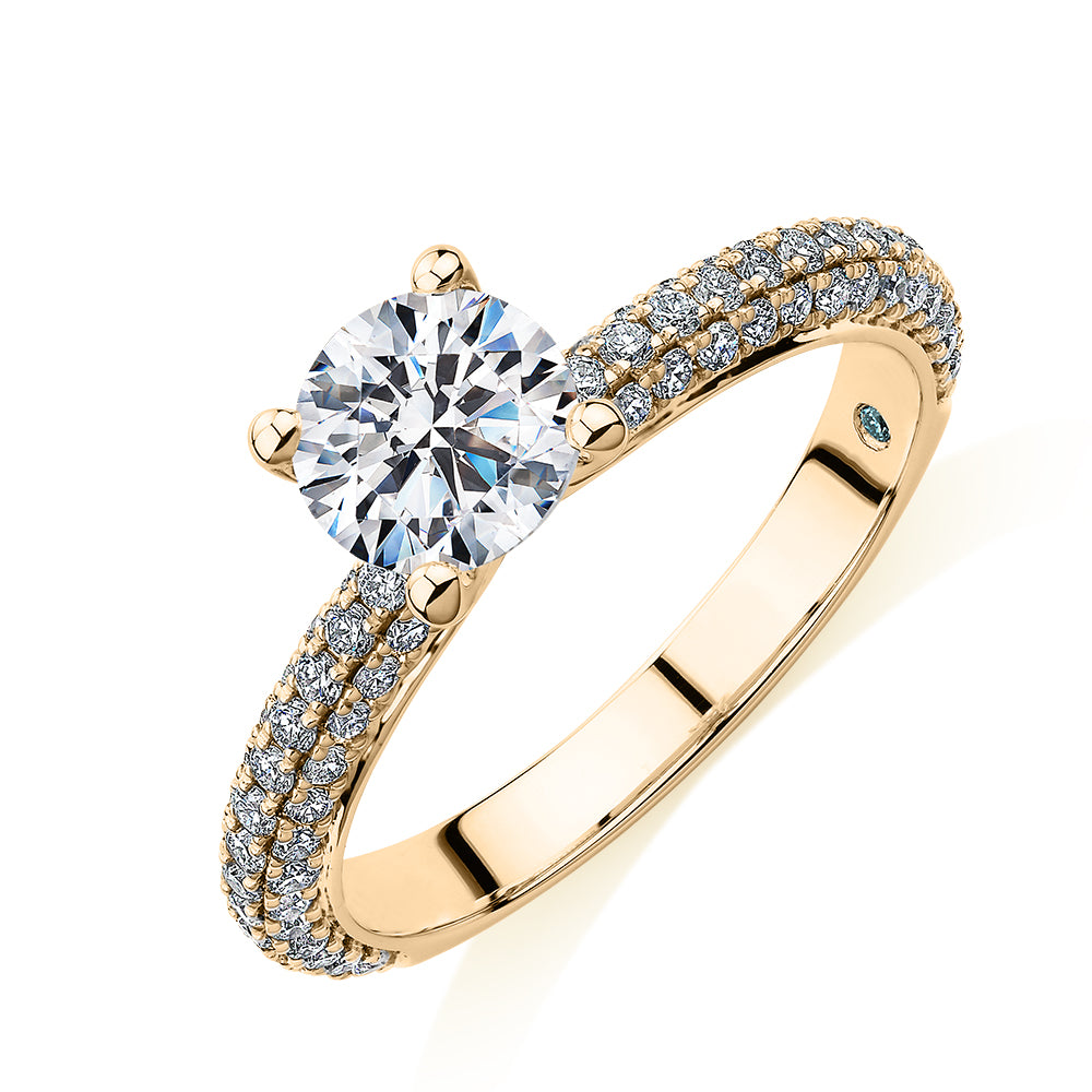 Premium Certified Lab-Grown Diamond, 1.61 carat TW round brilliant shouldered engagement ring in 14 carat yellow gold