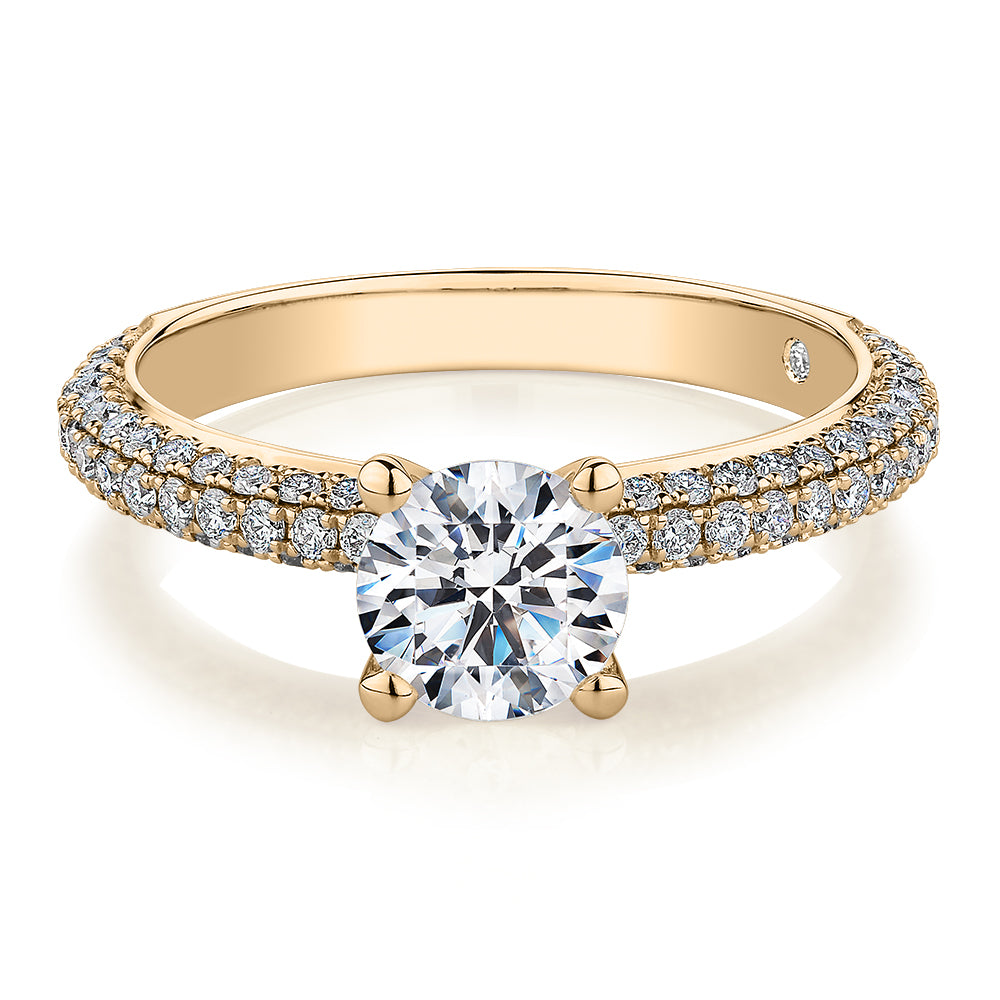 Signature Simulant Diamond 1.62 carat* TW round brilliant shouldered solitaire engagement ring in 14 carat rose and white gold