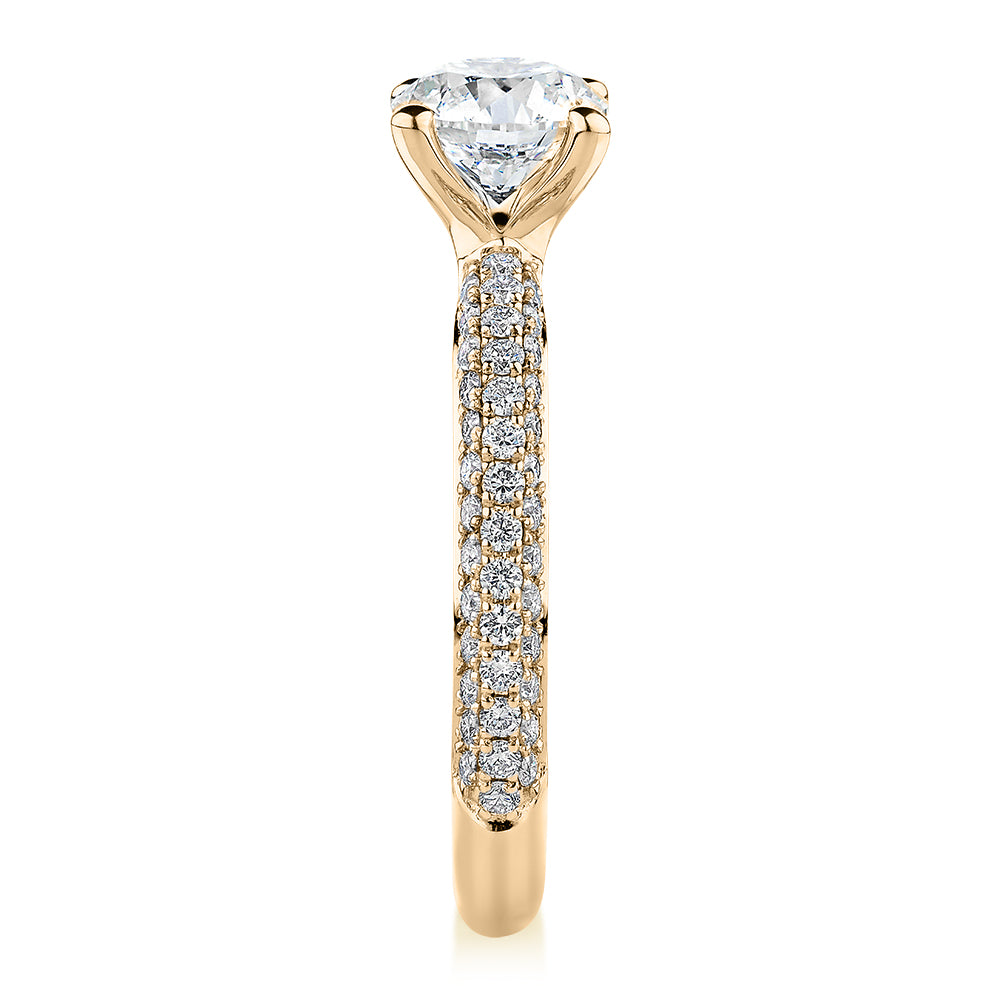 Signature Simulant Diamond 1.62 carat* TW round brilliant shouldered solitaire engagement ring in 14 carat rose and white gold