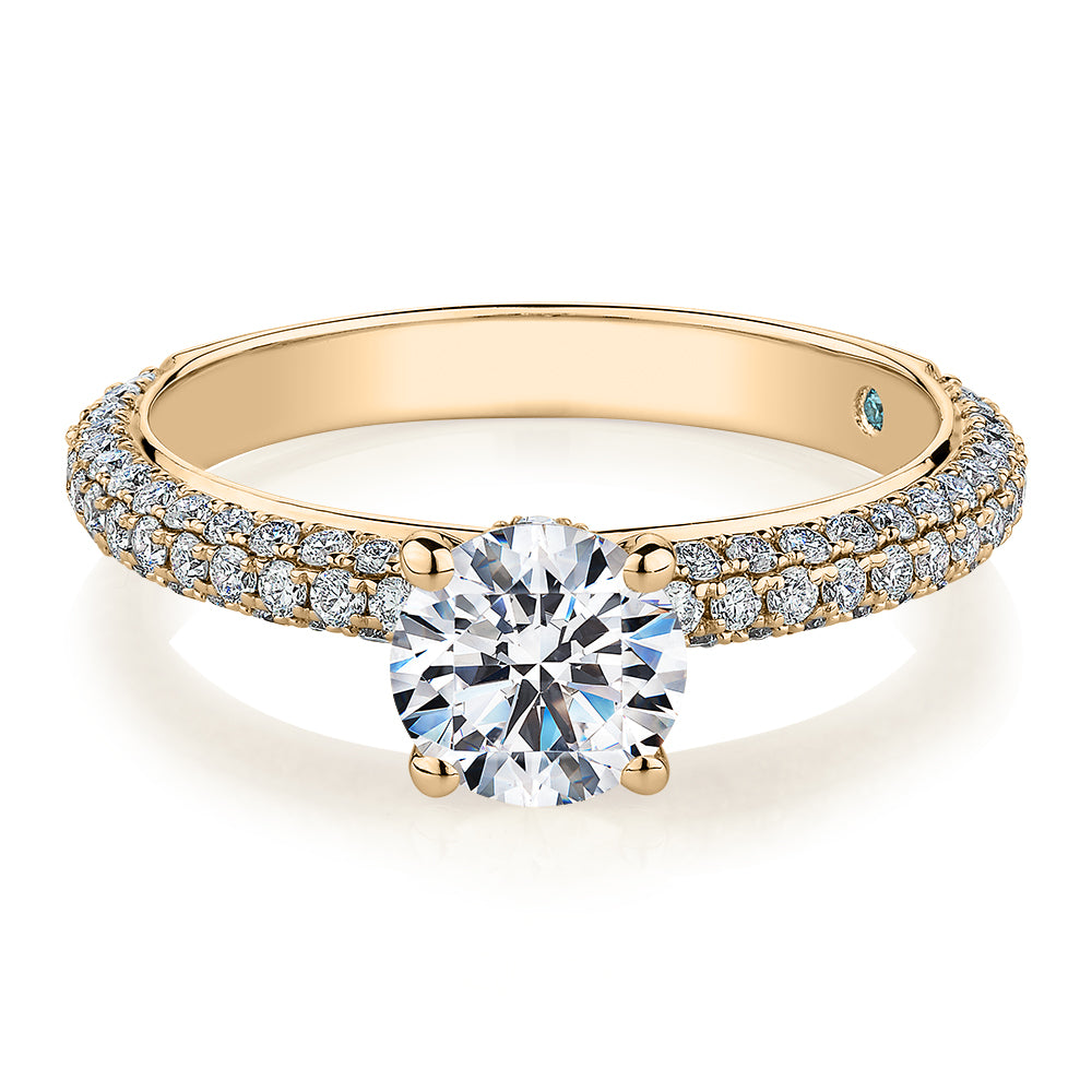 Premium Certified Lab-Grown Diamond, 1.68 carat TW round brilliant shouldered engagement ring in 14 carat yellow gold