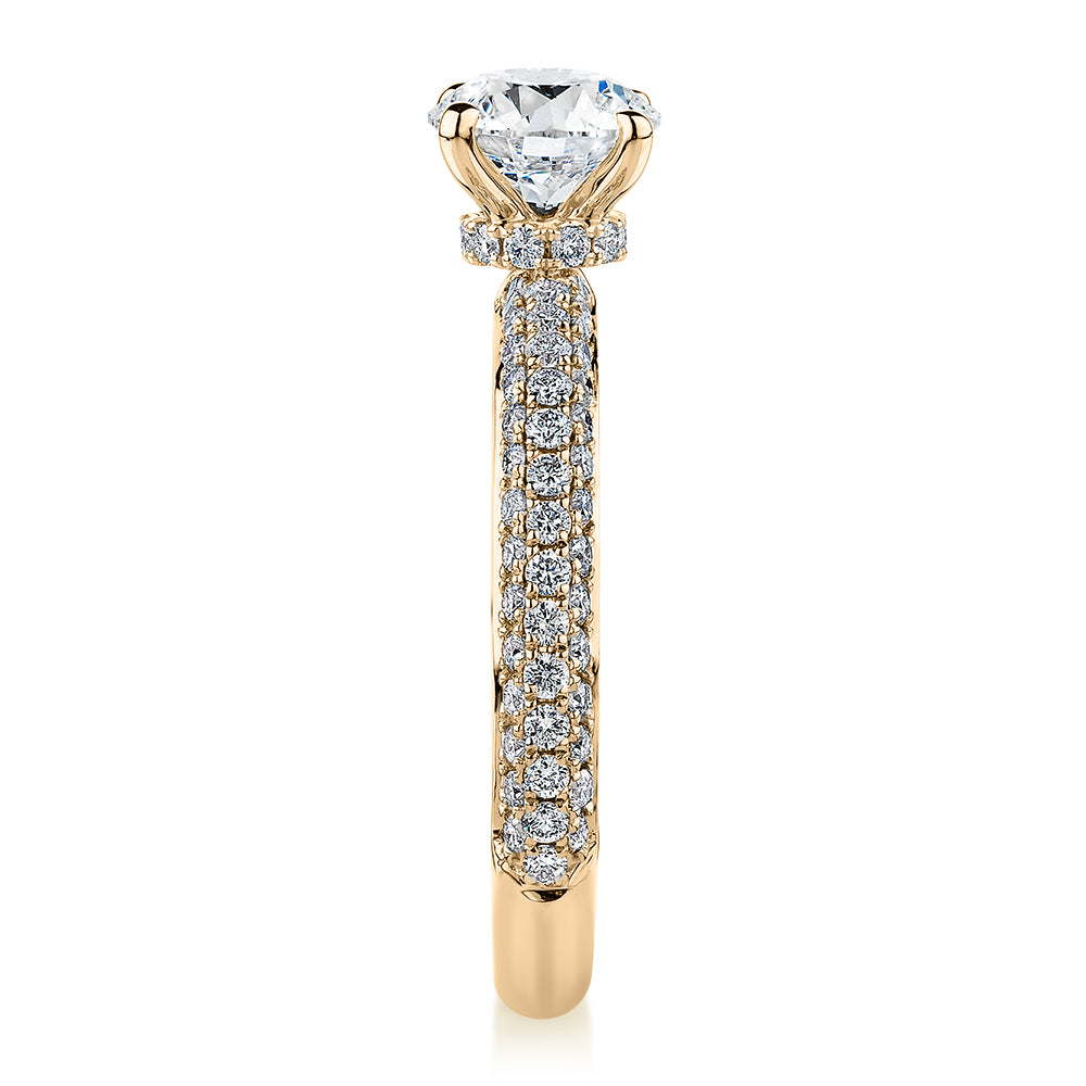 Premium Certified Lab-Grown Diamond, 1.68 carat TW round brilliant shouldered engagement ring in 14 carat yellow gold
