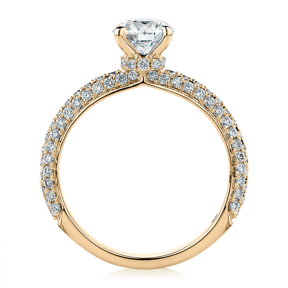 Premium Certified Lab-Grown Diamond, 1.68 carat TW round brilliant shouldered engagement ring in 14 carat yellow gold