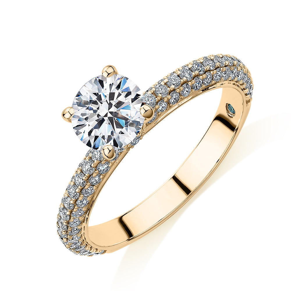 Premium Certified Lab-Grown Diamond, 1.68 carat TW round brilliant shouldered engagement ring in 14 carat yellow gold