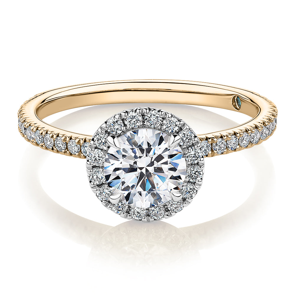 Premium Certified Lab-Grown Diamond, 1.40 carat TW round brilliant halo engagement ring in 14 carat yellow and white gold