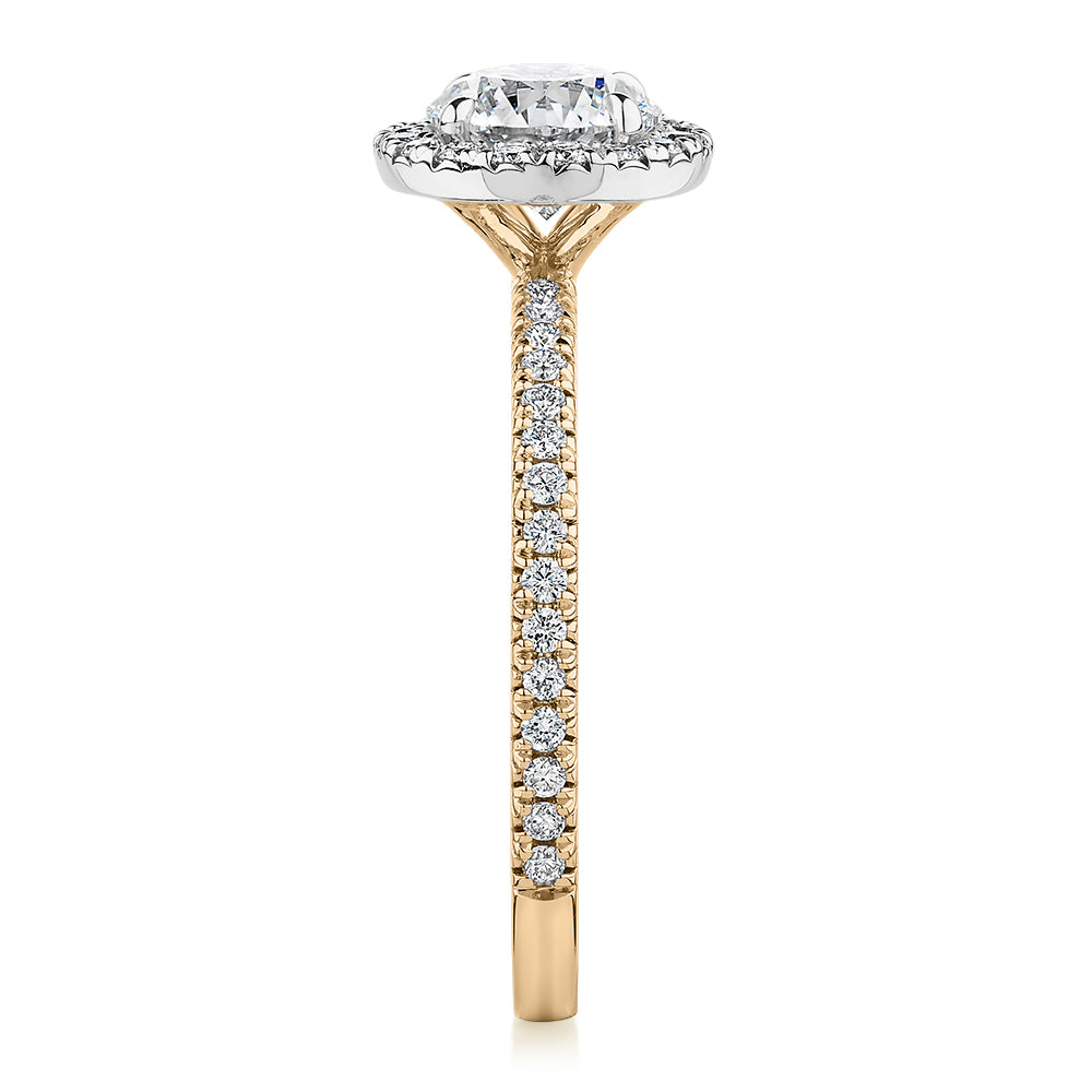 Premium Certified Lab-Grown Diamond, 1.40 carat TW round brilliant halo engagement ring in 14 carat yellow and white gold